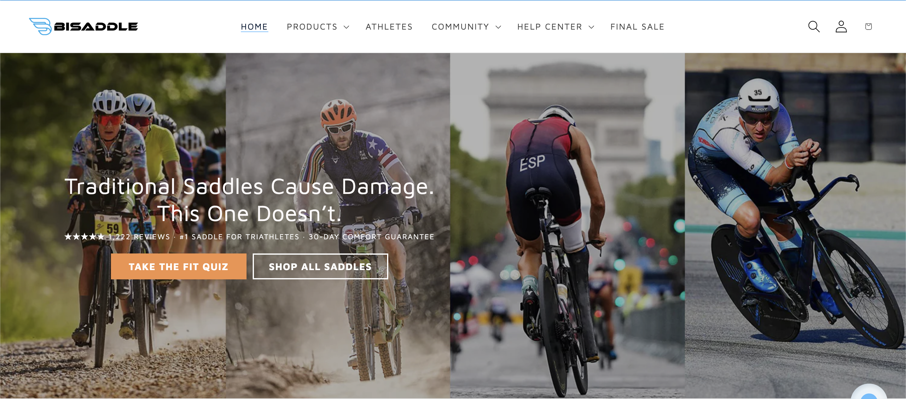 BiSaddle storefront homepage with a Prehook-powered TAKE THE FIT QUIZ call to action