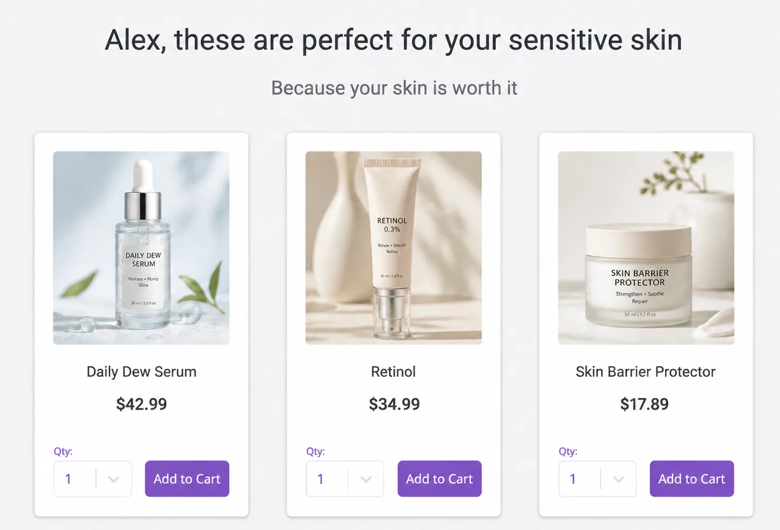 Prehook quiz result page showing matched products